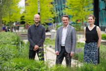 (L-R) Andrew Price, Guy Denton and Alison Finch from re-form Landscape Architecture in the new public space at Sovereign Square in Leeds. Credit Simon Vine